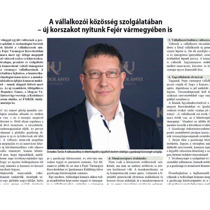 A vállalkozói közösség szolgálatában - új korszakot nyitunk Fejér vármegyében is